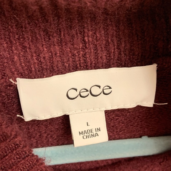 CeCe Burgundy Cowl Neck Floral Appliqué Knit Sweater with Bell Sleeves Size L - Picture 6 of 7